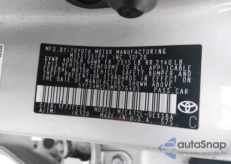 2021 Toyota Corolla Se from USA, damaged, VIN 5YFS4MCE5MP076403